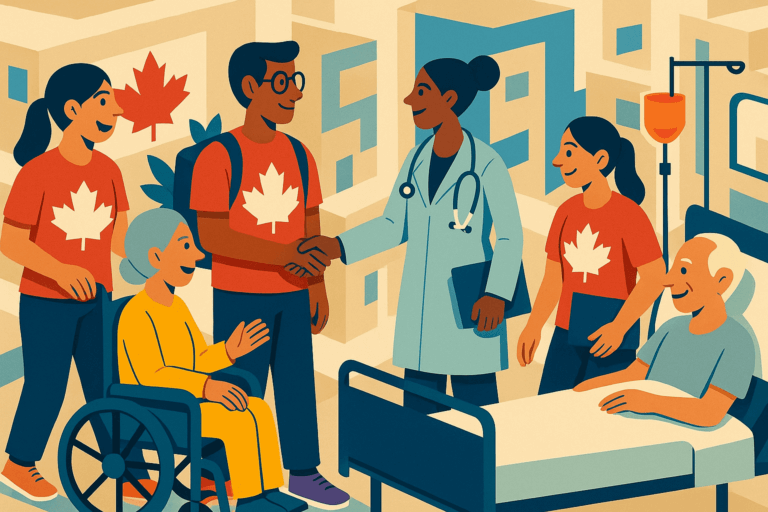 Isometric illustration of Canadian premed students volunteering in a hospital; one student shakes hands with a doctor, another assists a patient in a wheelchair, and a third stands near a hospital bed, all wearing red shirts with white maple leafs, symbolizing Canadian healthcare involvement.